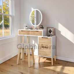 Vanity Table With Lighted Mirror, Dressing Table 3 Adjustable Lights, Makeup Desk Drawer & Stool For Bedroom