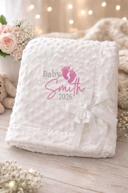 Personalised Baby Minky Blanket Custom Name & Birth Year Boy Girl Embroidered Gift Dimple Bow Ribbon Trim Blanket 3 Colours Super Soft - image 1