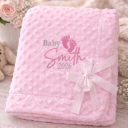 Personalised Baby Minky Blanket Custom Name & Birth Year Boy Girl Embroidered Gift Dimple Bow Ribbon Trim Blanket 3 Colours Super Soft - thumbnail 3