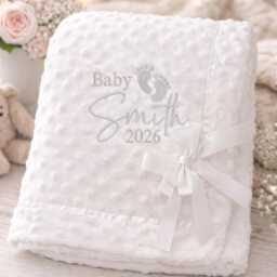 Personalised Baby Minky Blanket Custom Name & Birth Year Boy Girl Embroidered Gift Dimple Bow Ribbon Trim Blanket 3 Colours Super Soft - thumbnail 4