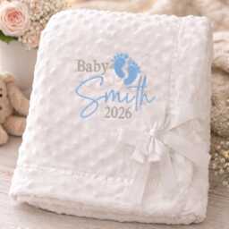 Personalised Baby Minky Blanket Custom Name & Birth Year Boy Girl Embroidered Gift Dimple Bow Ribbon Trim Blanket 3 Colours Super Soft - thumbnail 2