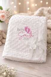 Personalised Baby Minky Blanket Custom Name & Birth Year Boy Girl Embroidered Gift Dimple Bow Ribbon Trim Blanket 3 Colours Super Soft - thumbnail 1