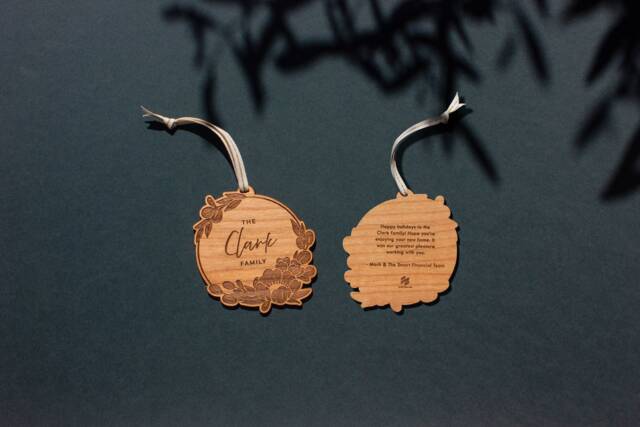 Corporate Gifting Personalized Wood Holiday Ornament [Employee Appreciation, Client Partner Gifts, Realtor Closing Christmas Gifts] - image 1