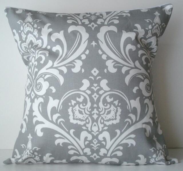 New 18x18 Inch Designer Handmade Pillow Case. Large Damask in Grey & White Fabric