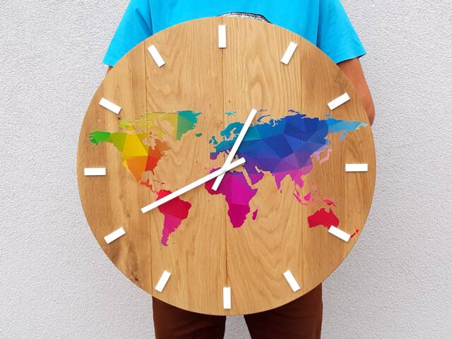 Large Wall Clock - Wood With Colorful World Map, Unique Wall 23 - image 1