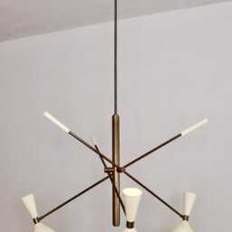 Mid Century Italian Brass Chandelier, Adjustable 3-Arm Pendant Light - thumbnail 3
