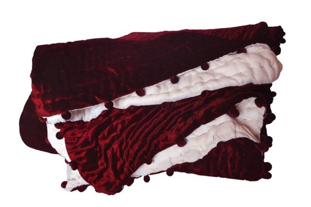 Velvet Comforter, Quilt, Deep Red Pick Stitch Custom King Queen Quilt With Pom Poms Bedding - image 1