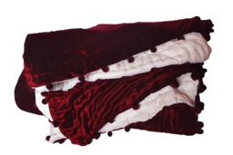 Velvet Comforter, Quilt, Deep Red Pick Stitch Custom King Queen Quilt With Pom Poms Bedding - thumbnail 1