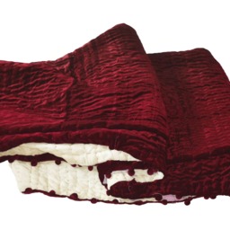 Velvet Comforter, Quilt, Deep Red Pick Stitch Custom King Queen Quilt With Pom Poms Bedding - thumbnail 3