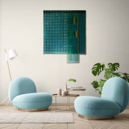 "Geometric Blue Silk Organza Bojagi Wall Hanging Japandi Wabi Sabi Decor - 43x41""+8" - thumbnail 3