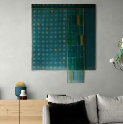 "Geometric Blue Silk Organza Bojagi Wall Hanging Japandi Wabi Sabi Decor - 43x41""+8" - thumbnail 1