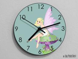 Fairy Sitting On A Mushroom Wall Clock - Kids Nursery Room, Teens Baby Room - thumbnail 1