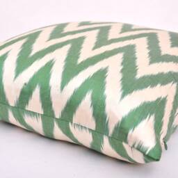 Green Chevron Ikat Pillow Cover, 20x20 Handloom Silk Cotton Cushion - thumbnail 2
