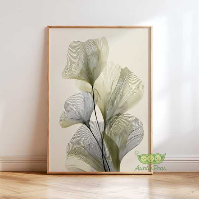 Green Abstract Botanical Wall Art, Japandi Minimalist Print, Modern Elegant Leaf Poster, Neutral Nature Home Decor - image 1