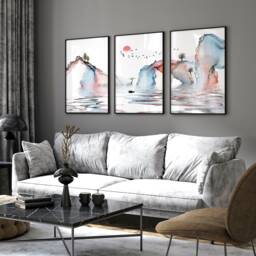Office Decor Set X 3 Wall Art Prints, Home Japanese Art, Calming Zen Wall Decor, Japandi Illustration Living Room Minimalist - thumbnail 1