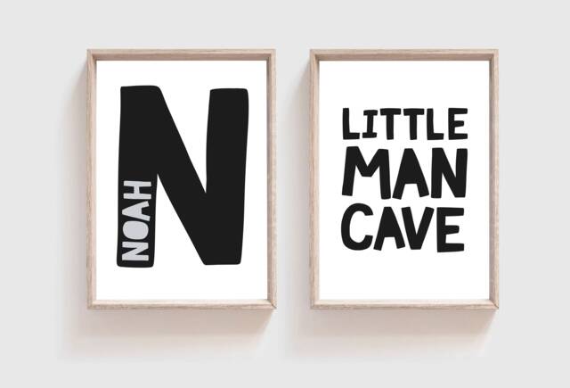 Set Of 2 Boys Nursery Prints, Monochrome Little Man Cave, Wall Art, Personalised, Bedroom Prints - image 1