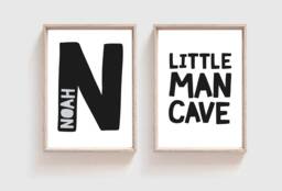 Set Of 2 Boys Nursery Prints, Monochrome Little Man Cave, Wall Art, Personalised, Bedroom Prints - thumbnail 1