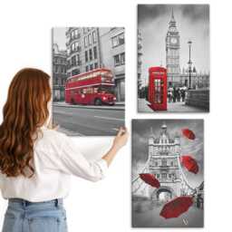 3 Piece Canvas Set - Red Accents & Famous London Buildings, Photo Print, Travels Wall Decor - thumbnail 3