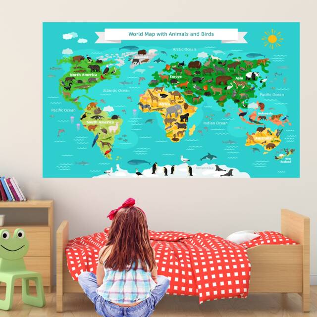 Animals World Map Wall Decal Sticker Mural Poster Print Art Kids Bedroom School Decor Es4 - image 1