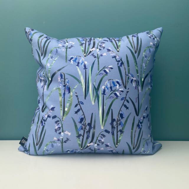 Bluebell Cushion/Spring Flower Cushion, Floral Cotton Cushion Cover, Blue, 45 X cm - Handmade in The UK - image 1