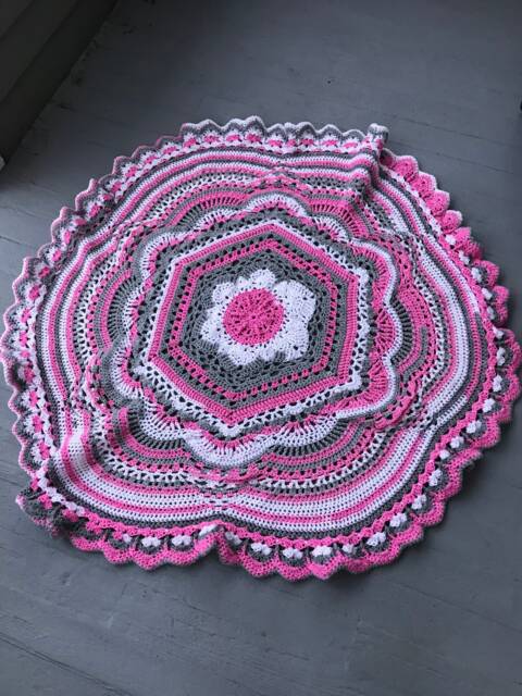 Crochet Baby Blanket Pink, White & Gray Round Afghan - 48 - image 1