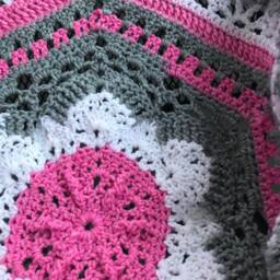 Crochet Baby Blanket Pink, White & Gray Round Afghan - 48 - thumbnail 3