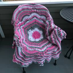Crochet Baby Blanket Pink, White & Gray Round Afghan - 48 - thumbnail 2