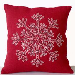 Red Burlap Christmas Pillow Cover Silver Snowflake Beaded Decor - thumbnail 2
