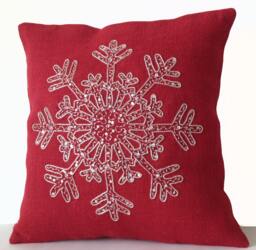Red Burlap Christmas Pillow Cover Silver Snowflake Beaded Decor - thumbnail 1