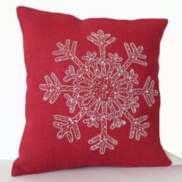Red Burlap Christmas Pillow Cover Silver Snowflake Beaded Decor - thumbnail 3