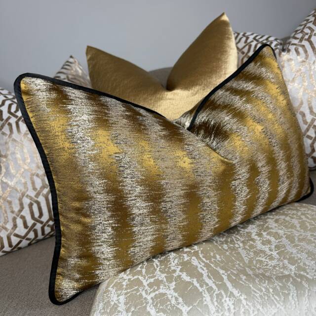 Luxury Cushion Cover, Pillow Cover Contrasting Black Piping, Designer Ashley Wilde Jules Fabric, Ochre Gold/Interior All Sizes - image 1