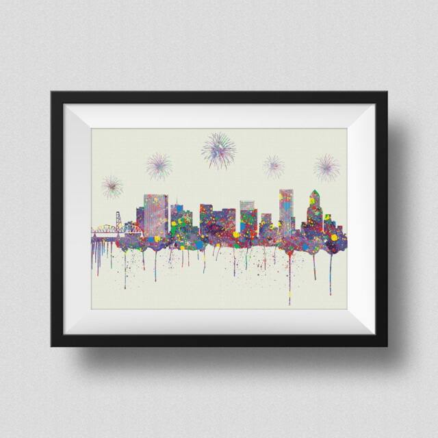 Portland City Skyline Watercolor Map Art Print Ink Splash Poster Canvas, Oregon