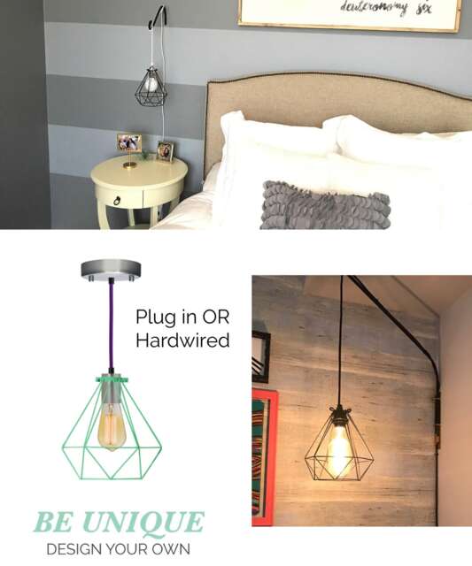 Plug in Bedside Pendant Light Diamond Cage Modern Light Fixture Hanging Bedroom Lamp Black Geometric Design - image 1