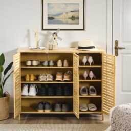 Shoe Cabinet 3 Door Storage With 8 Shelves For 16 Pairs, Natural Wood Finish - thumbnail 3