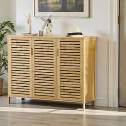Shoe Cabinet 3 Door Storage With 8 Shelves For 16 Pairs, Natural Wood Finish - thumbnail 2