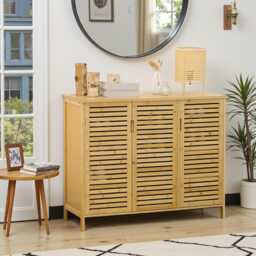 Shoe Cabinet 3 Door Storage With 8 Shelves For 16 Pairs, Natural Wood Finish