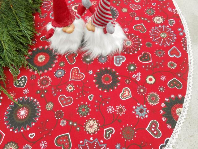Red Christmas Tree Skirt Gingerbread Fabric Xmas Holiday Decor Swedish Ornament Hearts - image 1