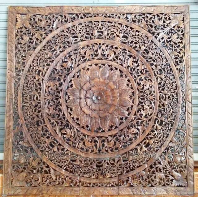 White Thai Queen Size Bed Wood Headboard Sculpture Lotus Flower Mandala Wooden Craved Carving Carve Teak Art Panel Wash Wall Home Decor - image 1