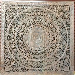 White Thai Queen Size Bed Wood Headboard Sculpture Lotus Flower Mandala Wooden Craved Carving Carve Teak Art Panel Wash Wall Home Decor - thumbnail 4