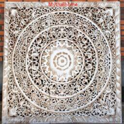 White Thai Queen Size Bed Wood Headboard Sculpture Lotus Flower Mandala Wooden Craved Carving Carve Teak Art Panel Wash Wall Home Decor - thumbnail 3