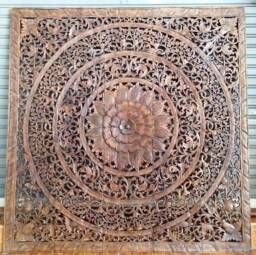 White Thai Queen Size Bed Wood Headboard Sculpture Lotus Flower Mandala Wooden Craved Carving Carve Teak Art Panel Wash Wall Home Decor