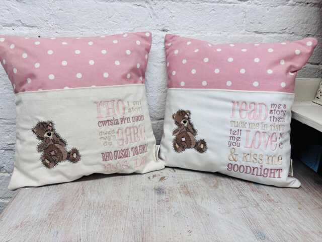 Cute Pink Teddy Reading Book Cushion in A Choice Of Welsh Or English - image 1