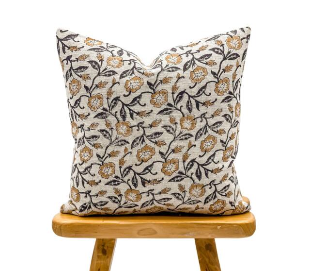 Designer Floral Mustard & Black On Natural Linen Pillow Cover, Mustard Pillow, Farmhouse Decorative Throw Pillow - image 1