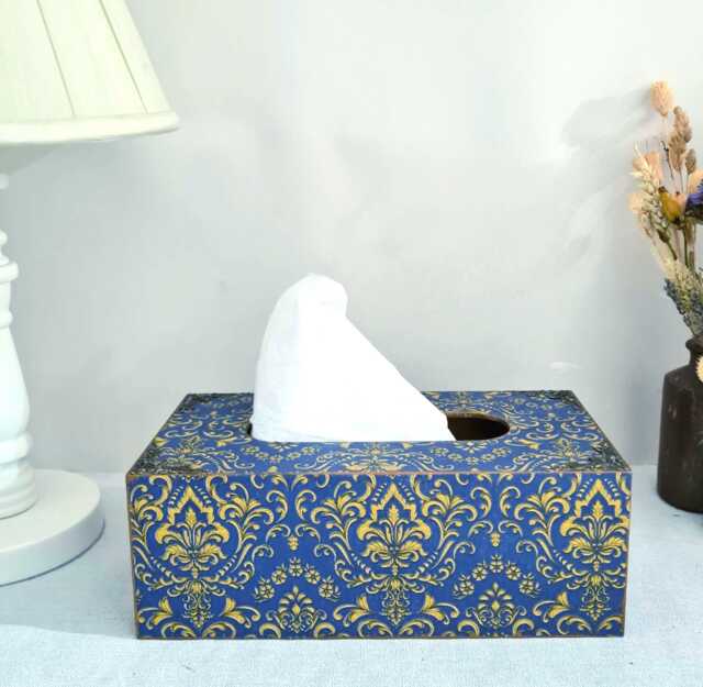 Blue & Gold Baroque Style Tissue Cover, Wooden Box, Hand Crafted Home Decor - image 1
