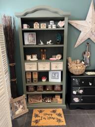 Sold Solid Wood Bookcase, Large, Tall, Shelves, Drawers, Storage, Living/Dining Room, Fusion Mineral Paint, Sage Green, Cream, Dixie Belle