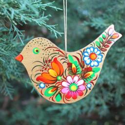 Bird Christmas Ornaments Wooden & Hand Painted in Ukrainian Traditional Petrykivka Style - thumbnail 1