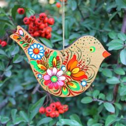 Bird Christmas Ornaments Wooden & Hand Painted in Ukrainian Traditional Petrykivka Style - thumbnail 2
