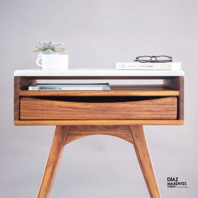 Handmade Wood & Marble Nightstand - Mid Century Modern Bedside Table - image 1