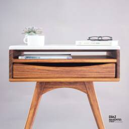 Handmade Wood & Marble Nightstand - Mid Century Modern Bedside Table