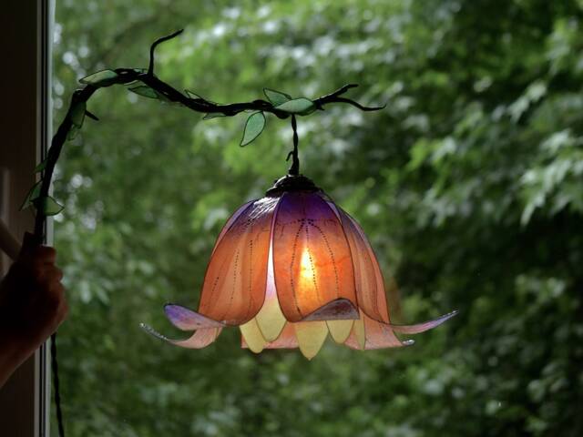 Flower-Shaped Wall Hanging Lamp, Floral Light Gothic Style Inspired, Orange & Purple Decorative Lamp Handmade Painted